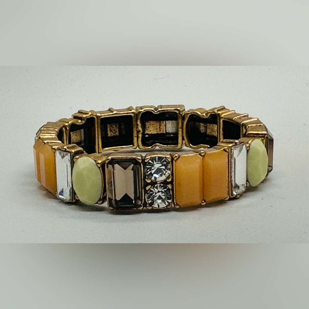 J Crew Stretch Bracelet Acrylic Brass Tone Pastel Peach Topaz Green Chunky - Picture 2 of 3